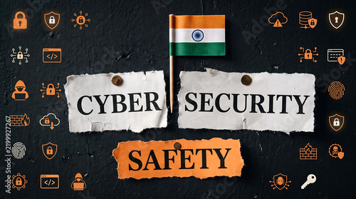 Collage of torn magazine and newspaper cut outs featuring the letter 'CYBER SECURITY SAFETY' in different fonts, sizes, and colours. indian flag and set of icons.