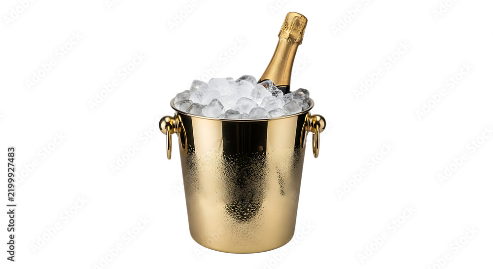 Obraz premium Golden ice bucket with champagne bottle for summer celebration isolated on transparent background