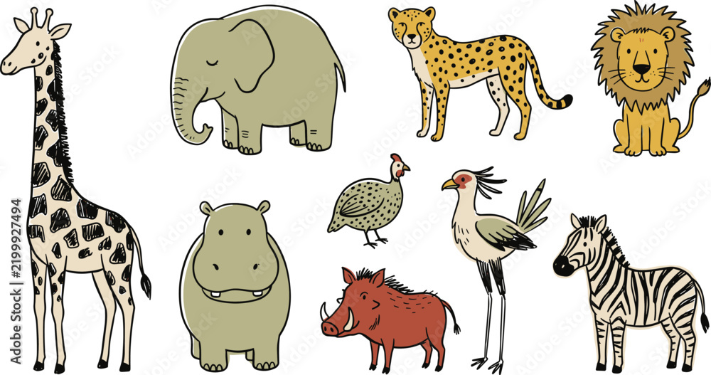 Obraz premium Hand Drawn African Safari Animal Collection Featuring Giraffe, Elephant, Cheetah, Lion, Hippopotamus, Guinea Fowl, Warthog, Crane, and Zebra