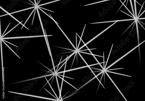 White starburst shapes with thin radiating lines on a solid black background, sparkle