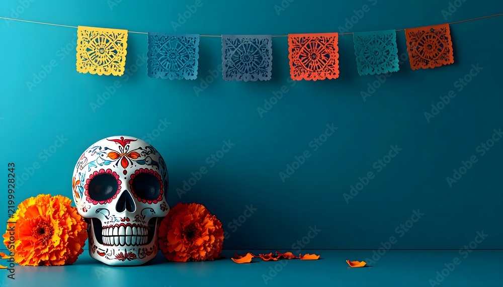 Obraz premium Calavera decorada con cempasúchil y papel picado de Día de Muertos