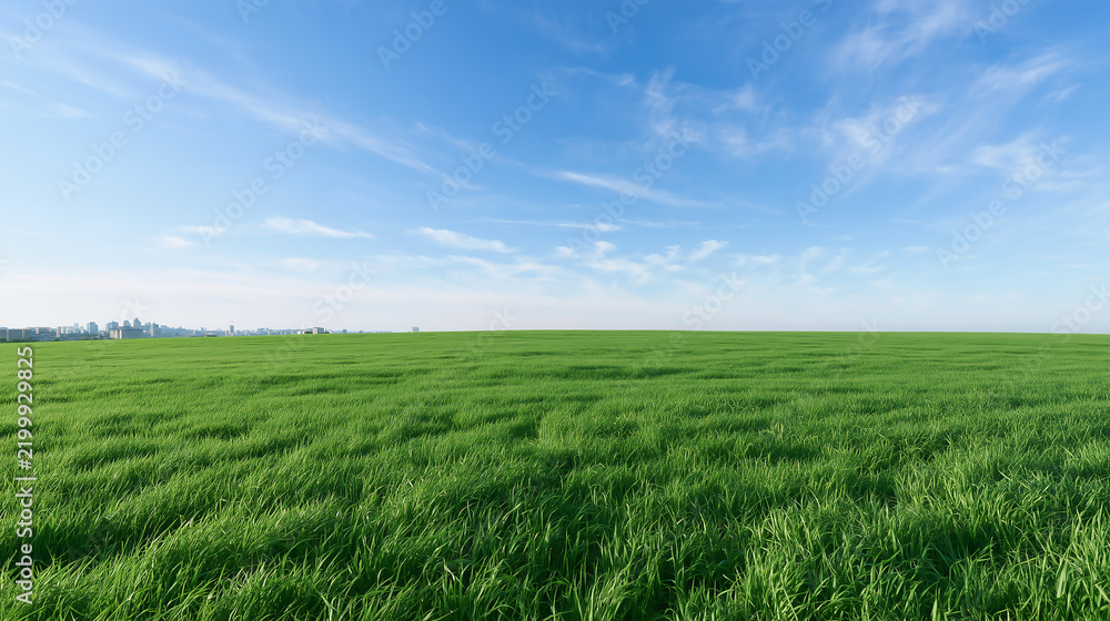Obraz premium A vast green grass field swaying in the breeze with a faint city skyline on the distant horizon under a pale blue sky with thin clouds.