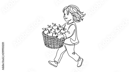 Bild auf Leinwand Happy child walking with basket full of apples, isolated line art