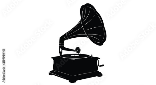 Vintage gramophone with flared horn presented as a black silhouette