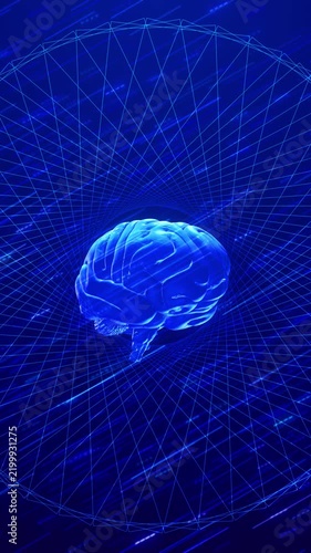 Glowing digital brain inside a wireframe tunnel represents artificial intelligence, neural processing, machine learning, cognition, automation, research, data science and advanced AI computing system.