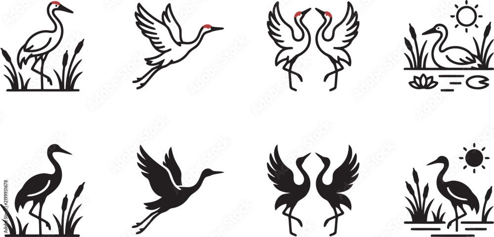 Fototapeta premium Set Of Minimalist Crane And Marshland Icons In Vector Format Representing Oriental Zen Culture And Natural Wildlife Tranquility Motifs.