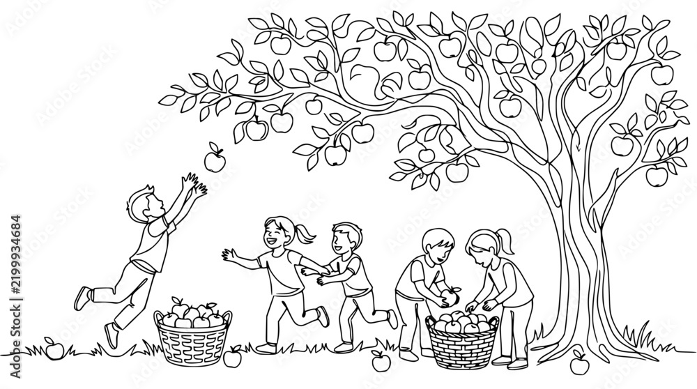Fototapeta premium Children Picking Apples from Tree, Vector Illustration, Isolated