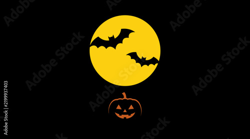Halloween scene featuring flying bats against a full yellow moon and pumpkin