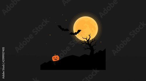 Spooky halloween landscape with full moon bats and pumpkin halloween landscape