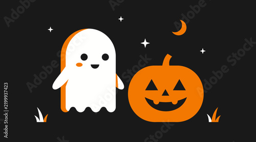 Cute white ghost and jack o lantern pumpkin under the moon and stars