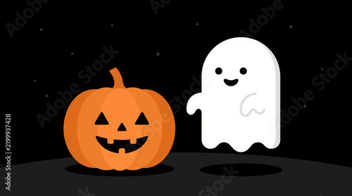 Friendly white ghost floating beside a carved jack o lantern pumpkin