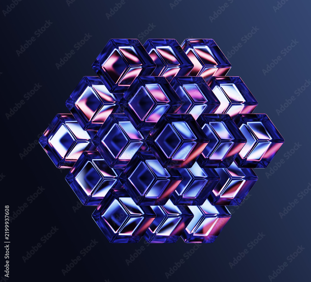 Obraz premium Neon glass AI data cube 3d icon of digital pixels and squares in glowing blue and purple gradient on dark render bg. Futuristic technology, geometric matrix, crystal block structure. 3D illustration
