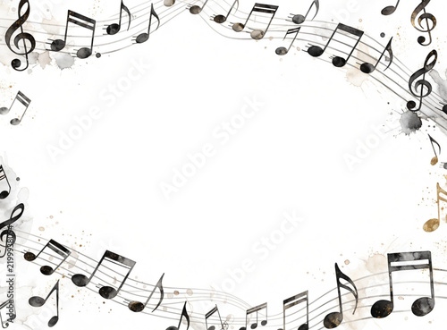 Watercolor and ink sketch illustration of musical notes and staff frame with copy space