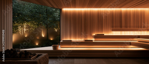 Modern luxury wooden room with panoramic window, warm lighting, bench, and forest view creating serene wellness interior