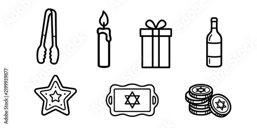 Hanukkah Traditions and Celebration Line Art Icon Set Vector