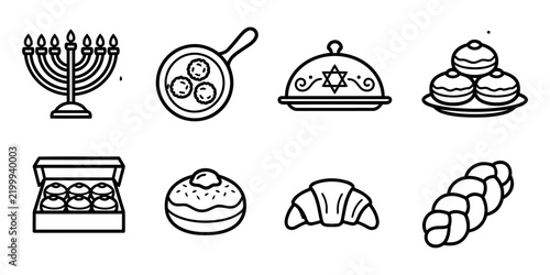 Hanukkah Feast and Bakery Line Art Icon Set Vector
