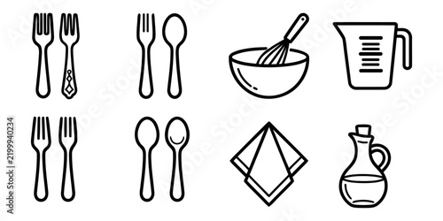Kitchen Utensils and Dining Essentials Line Art Icon Set Vector