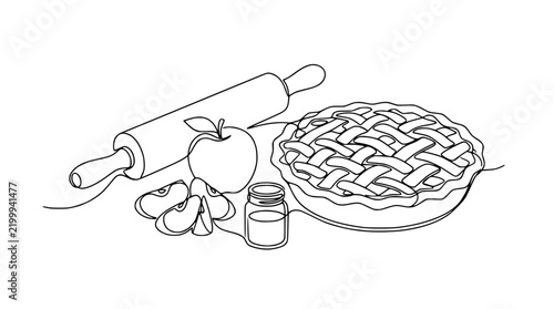 Continuous line drawing of apple pie, apple, rolling pin and spice isolated on transparent background