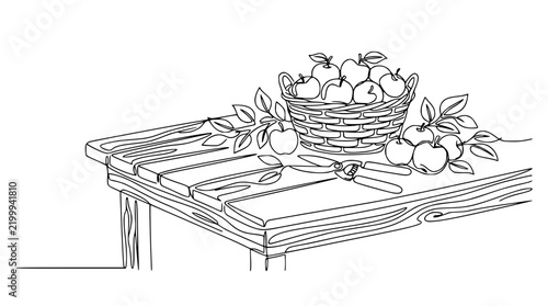 Hand-drawn illustration of apples in a basket on a wooden table with scissors
