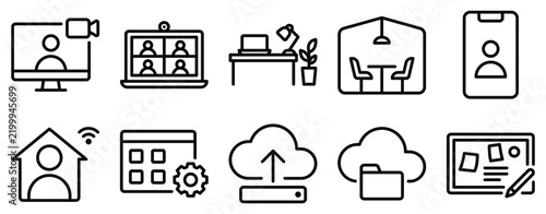 Virtual office icon set line style remote work collection for online business and telecommute graphic