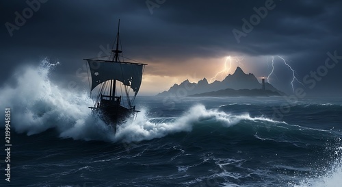 A damaged sailing ship navigates through high ocean waves during a dark stormy night