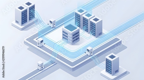 Isometric data center with servers and network connections.