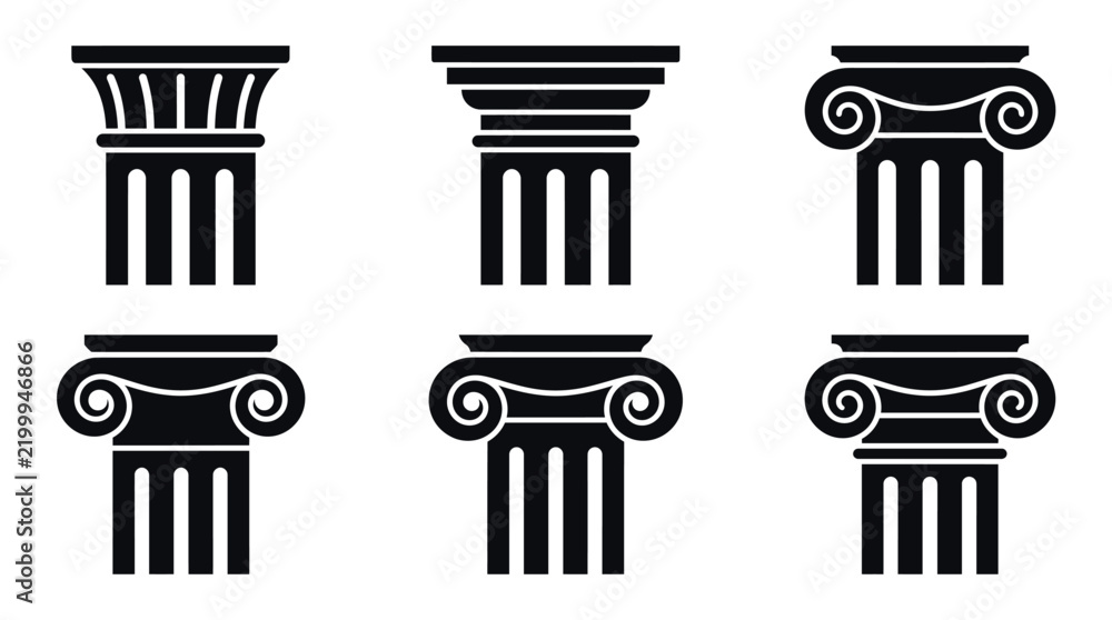Fototapeta premium Set of black silhouette classical architectural column capital designs with architectural classical building