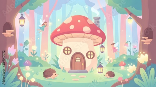 Whimsical mushroom house in a magical fairy forest.