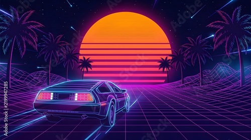 Retro 80s synthwave car driving towards a neon sun.