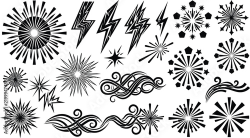 comic explosion set vector illustration of lightnings stars and graphic bursts