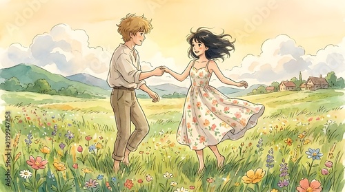 Young anime couple holding hands in a flower field.