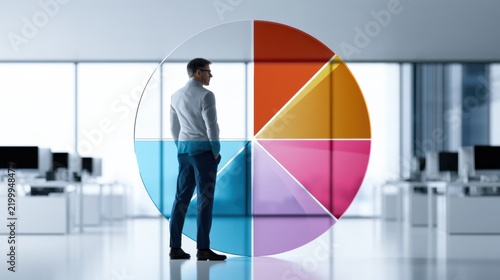 A businessman stands in front of a colorful pie chart in a modern office setting, representing business strategy and data analysis