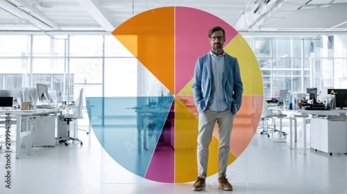 A man stands in the center of a modern office space, partially obscured by a colorful, abstract pie chart graphic