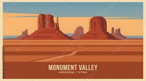 Vintage travel poster illustration of Monument Valley desert landscape.