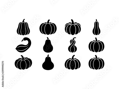Black and white pumpkin and gourd vector icons set illustration