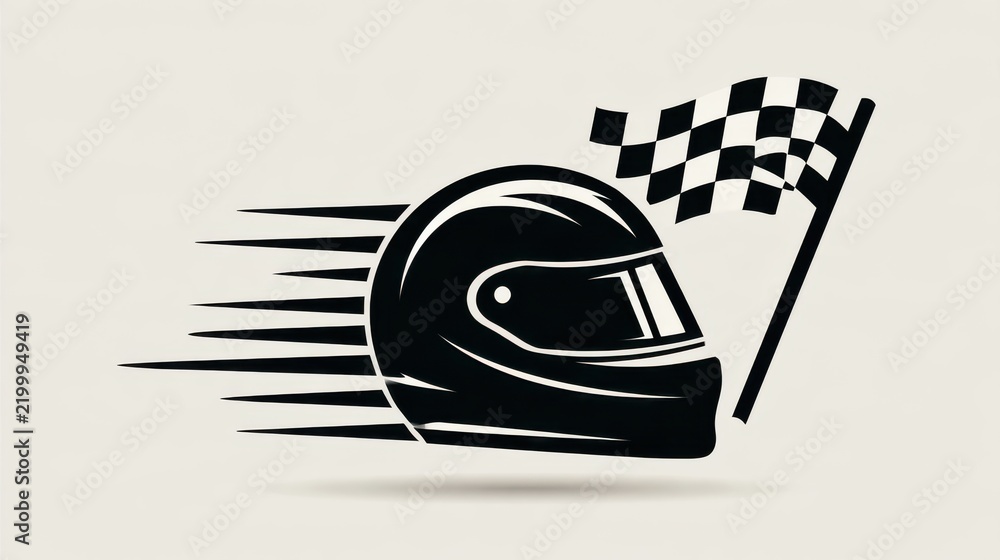 Obraz premium A stylized black racing helmet with speed lines and a checkered flag, symbolizing motorsport and victory.