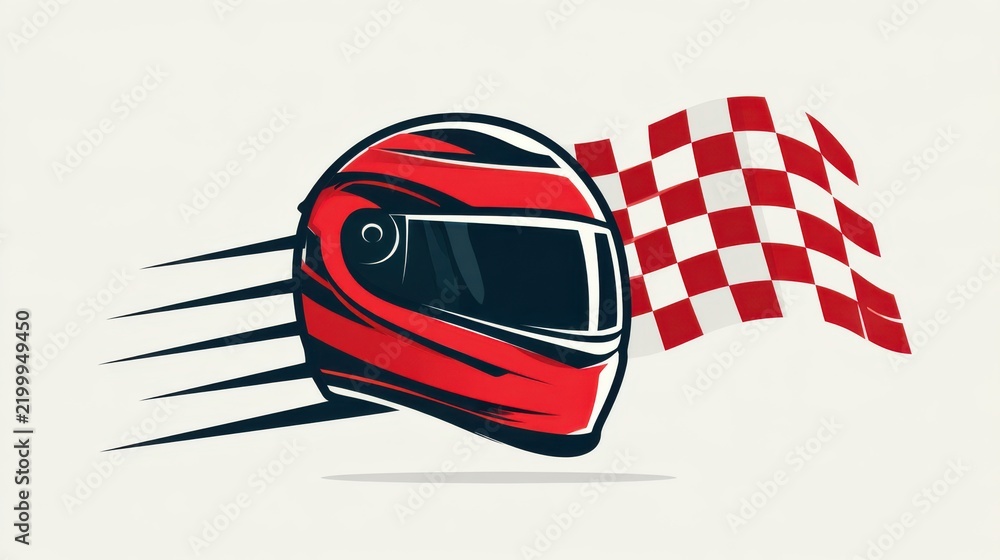 Obraz premium A red racing helmet with black accents speeds past a waving checkered finish flag, symbolizing motorsport and victory.