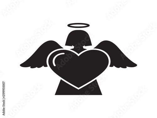 Angel silhouette holding heart icon with halo and wings for religious or love-themed designs