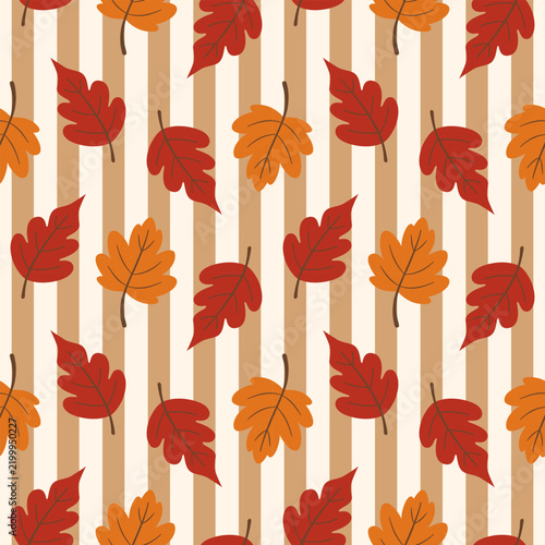 Autumn Oak Leaves Seamless Pattern on Brown Striped Background, Red and Orange Fall Foliage Vertical Stripes Texture for Thanksgiving, Fabric, Wallpaper, and Scrapbooking Design