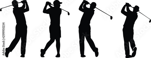 Set of flat black silhouettes of male golfers swinging clubs for commercial sports and recreation vector design