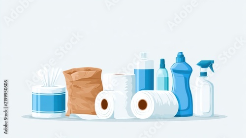 Various cleaning supplies including wipes, paper towels, spray bottles, and detergent arranged in a row on a plain background.