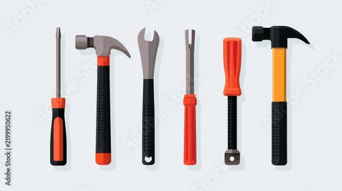 A set of six hand tools including screwdrivers, hammers, and wrenches with orange and black handles on a light background.