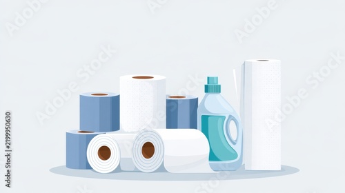 Various rolls of paper towels and a bottle of liquid cleaner on a light surface.