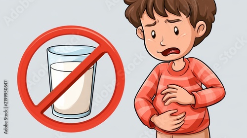 A child holding their stomach in pain, next to a crossed-out glass of milk, indicating a milk intolerance or allergy.