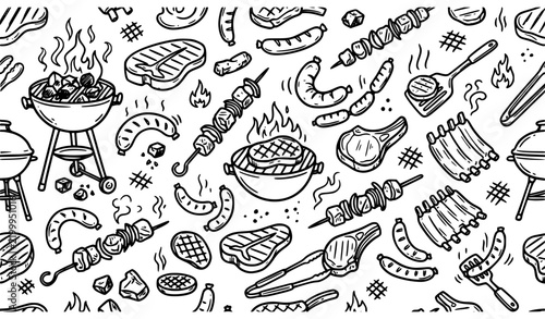 BBQ Barbecue Meat Doodle Seamless Pattern with Beef Pork Steak and Grill Elements
