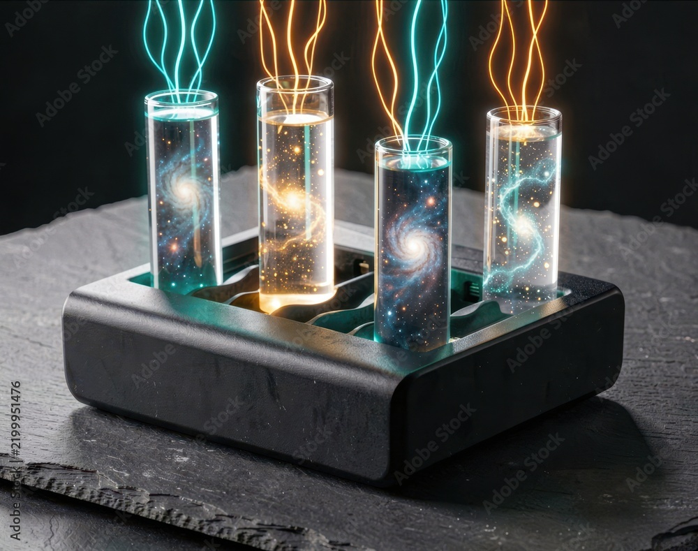 Fototapeta premium Four glass test tubes containing miniature glowing galaxies inside