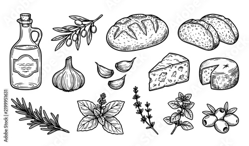Garlic Bulbs Cloves Garlic Bread Dip Soup and Herb Black White Vector Set