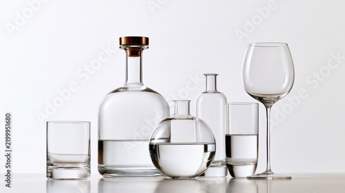 Clear glassware including two decanters, three glasses, and a wine glass, all partially filled with water, displayed on a reflective surface against a white background.