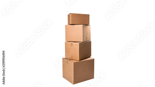 Stack pile of clean neat square cardboard boxes isolated on transparent background.