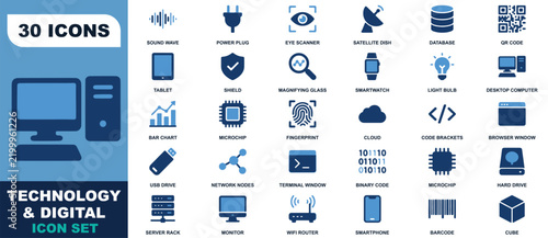 Technology and digital icon set featuring thirty blue and dark blue symbols for computing and modern network infrastructure